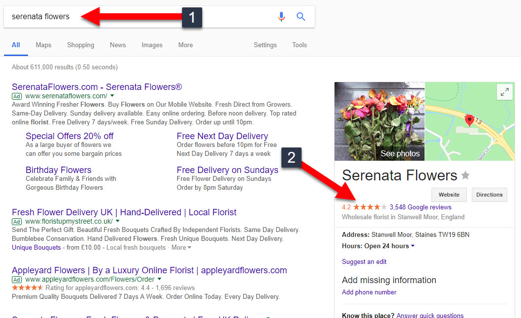 Your Google reviews (with star rating) will show when someone searches your brand