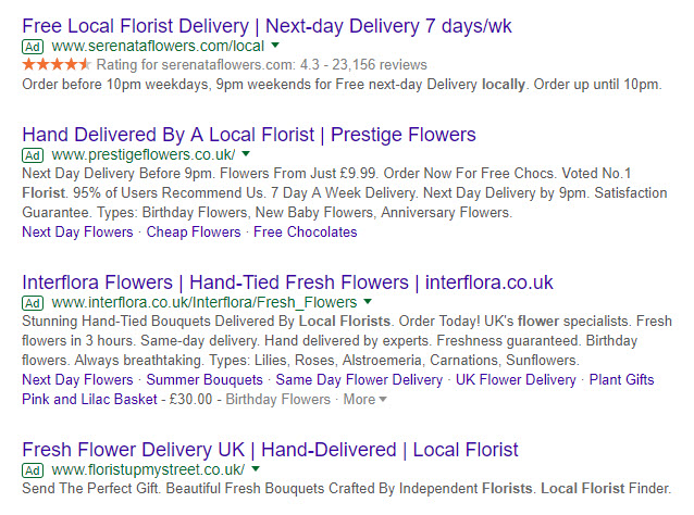 Google search results showing how an advert with a star rating really stands out