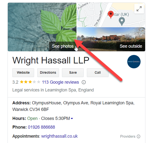 Wright Hassall's Google Business Profile shows a leaf.