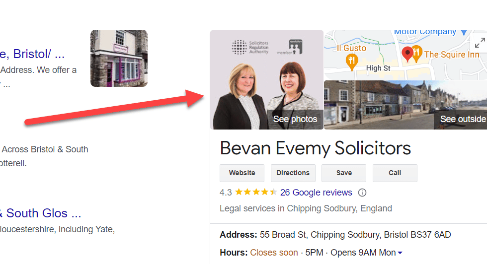 You can see that for my client Bevan Evemy Solicitors I uploaded a cover photo to their Google Business Profile showing the friendly faces of the two main solicitors at the firm.